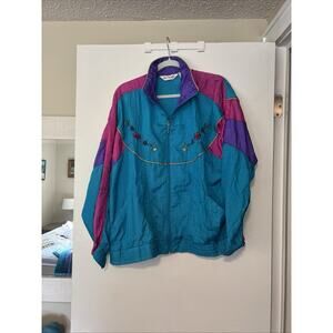 Vtg 80s Two Twenty Colorblock Windbreaker Track Jacket Floral Embroidery Large